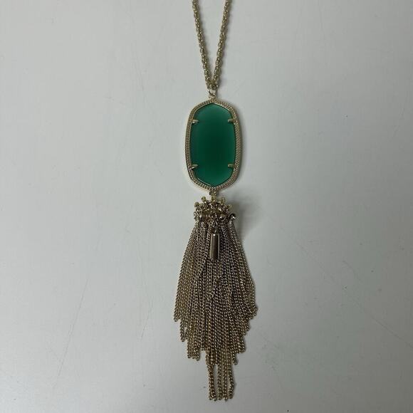 Kendra Scott Rayne Gold Tassel Green Stone 32" Long Chain Pendant Necklace - Picture 2 of 5